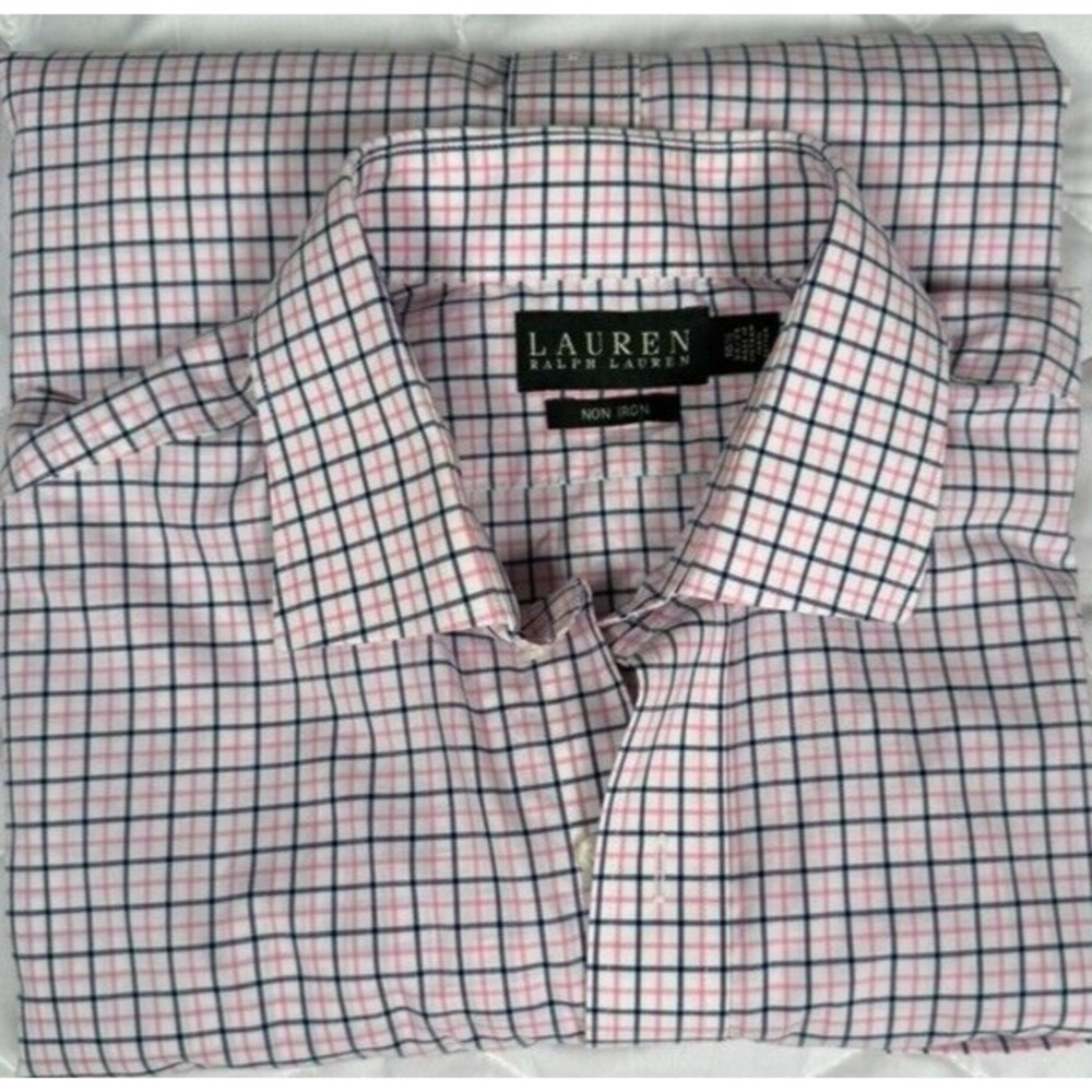 Lauren Ralph Lauren Mens 16.5-34/35 Pink Blue Check Non‎ Iron Classic Fit Shirt